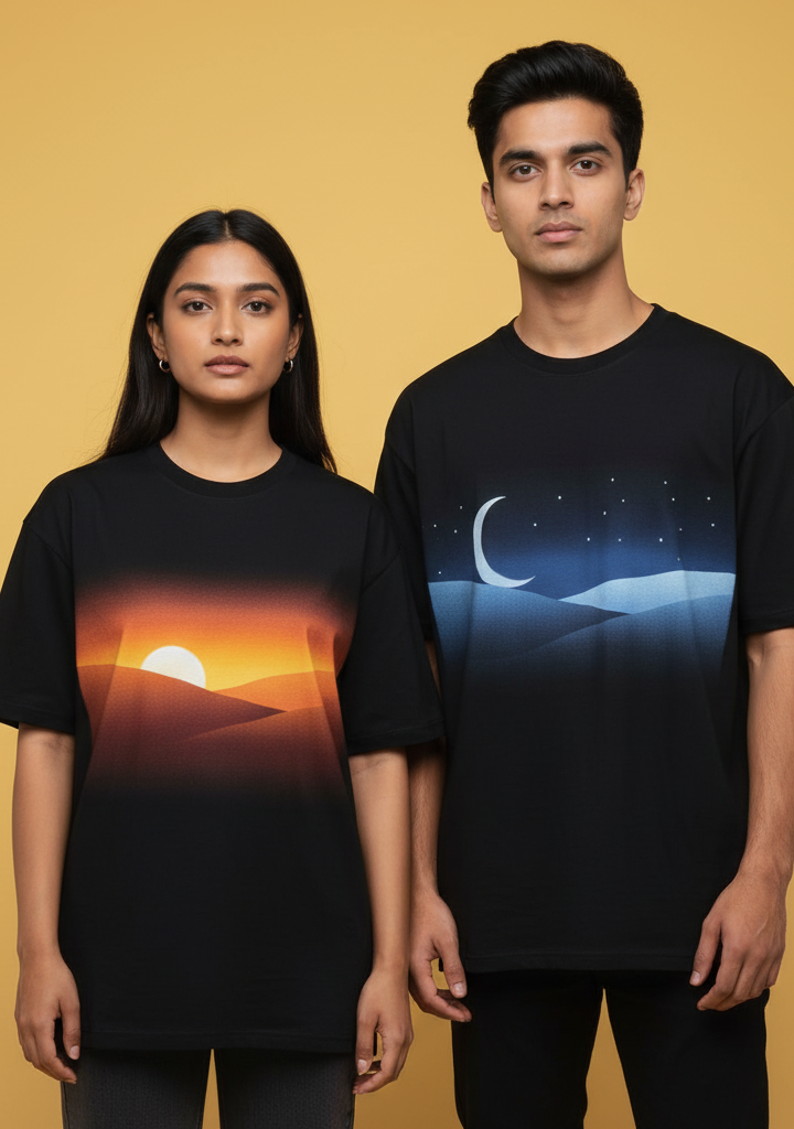 Two indian models wearing matching oversized t-shirts, left shirt printed with minimal sunrise scene (sun, hills, warm tones), right shirt printed with moon and stars in cool blue tones, together forming one continuous horizon, yellow minimalist background, clean editorial lighting, Custom tshirt design couple print digital marketing